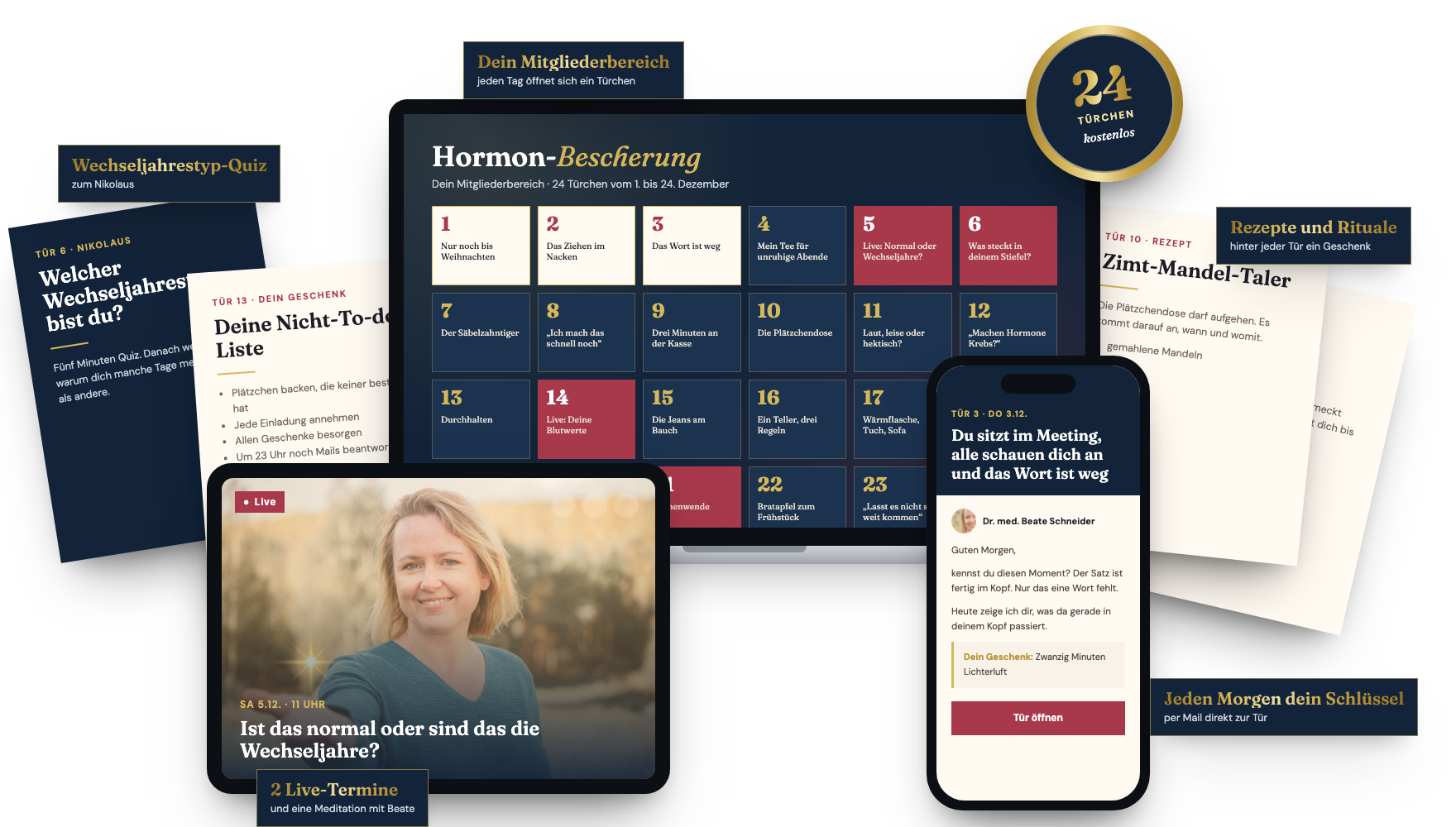 Die Hormon-Bescherung auf Laptop, Tablet und Handy: 24 Türchen im Mitgliederbereich, Live-Termine, Rezepte und Rituale